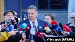 Deputy Assistant Secretary of State Gabriel Escobar speaks to reporters in Pristina on March 14.