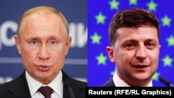 Russian President Vladimir Putin (left) says Ukrainian President Volodymyr Zelenskiy lacks "political will" to pull the troops back.