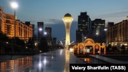 A view of the city's Bayterek Tower, built in 2002 and measuring 105 meters in height, a landmark of the city, from Nurjol Boulevard.