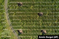 An aerial view of the Srebrenica Genocide Memorial Center and the newly dug graves in Potocari, Bosnia, on July 10.