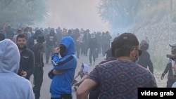 Protesters are seen in Khorugh, Tajikistan, on May 16. 