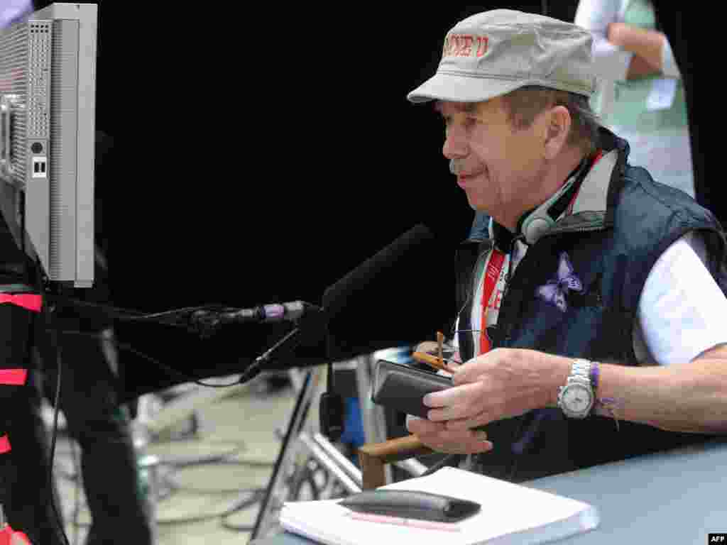 Havel watches on set during the shooting of his film &#39;&#39;Leaving&#39;&#39; in the village of Ceska Skalice in July 2010.