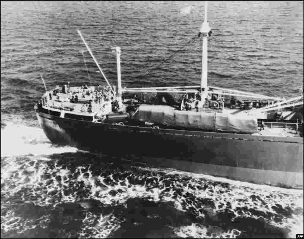 The Soviet freighter &quot;Anosov&quot; carries missiles from Cuba.