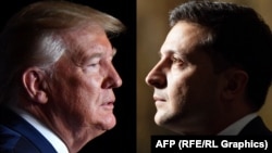 A combo photo shows Ukrainian President Volodymyr Zelenskiy (right) and U.S. President Donald Trump.