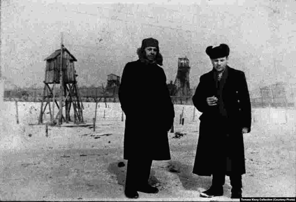 An undated photograph shows two Vorkuta prisoners upon their release. The prisoner on the right was a member of the Polish Home Army, partisans who fought against the Germans during World War II. Many Home Army fighters ended up in the Gulag system after the war.