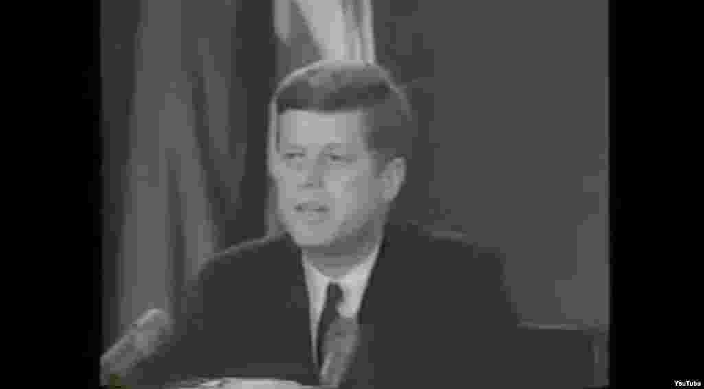 President Kennedy says in a televised address to the nation on October 22 that &quot;a series of offensive missile sites is now in preparation on [the] imprisoned island&quot; of Cuba. He says their purpose &quot;can be none other than to provide a nuclear-strike capability against the Western Hemisphere.&quot;