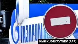 The logo of Russia's energy giant Gazprom is pictured at one of its petrol stations in Moscow on July 11.