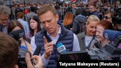 Russian opposition leader Alexei Navalny attends a protest against the blocking of the Telegram messenger app in Moscow on April 30.