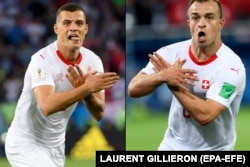 A composite photos showing the "double-eagle" goal celebrations of Granit Xhaka (left) and Xherdan Shaqiri after they scored against Serbia at the World Cup.