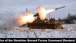 A Strela-10 antiaircraft missile system of the Ukrainian armed forces fires during military drills in the Volyn region on January 26.