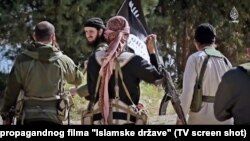 Fighters from the Balkans, including from Kosovo, appear in a propaganda video produced by the Islamic State extremist group in July 2015.