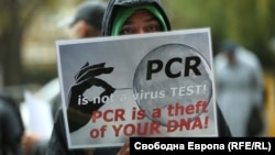 A Bulgarian anti-vaxxer attends a protest against the country's "green pass" on November 2.