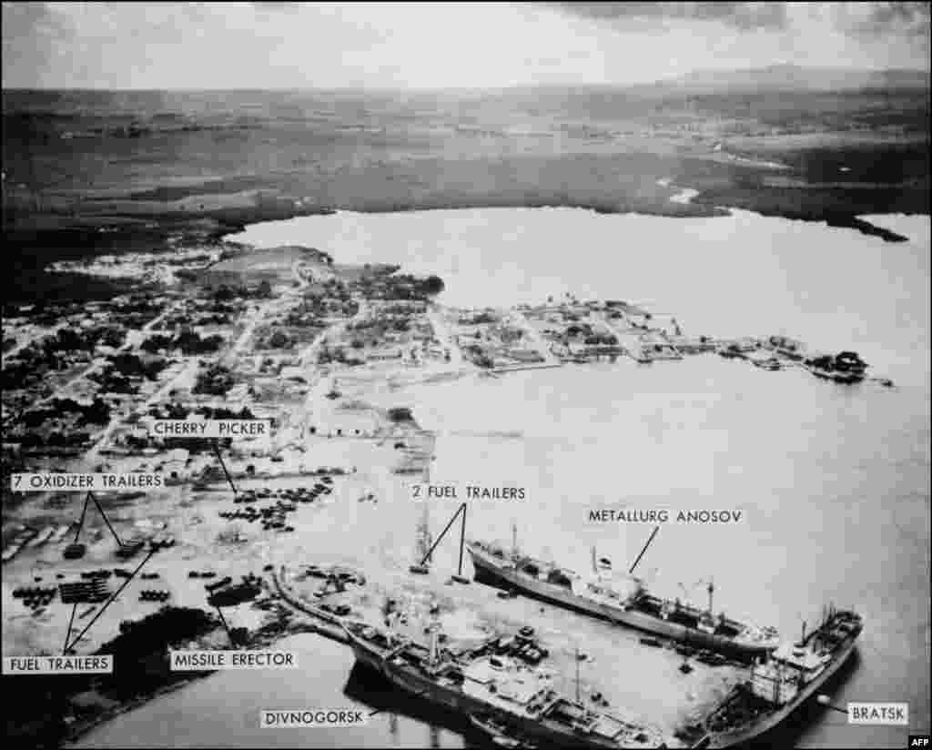 An aerial view shows three Soviet ships at Mariel naval port in Cuba waiting to be loaded with the missiles in accordance with the agreement on the withdrawal Soviet missiles.