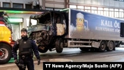 This picture taken on April 8 shows the truck that was used to crash into pedestrians in Stockholm.