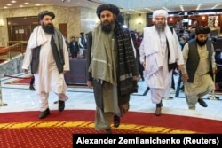 Mullah Abdul Ghani Baradar (center), the Taliban's deputy leader, at a conference in Moscow in March.