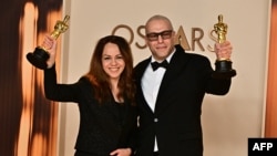 Shirin Sohani (left) and Hossein Molayemi made history when their movie, In The Shadow Of The Cypress, became the first Iranian film to win Best Animated Short at the Oscars.